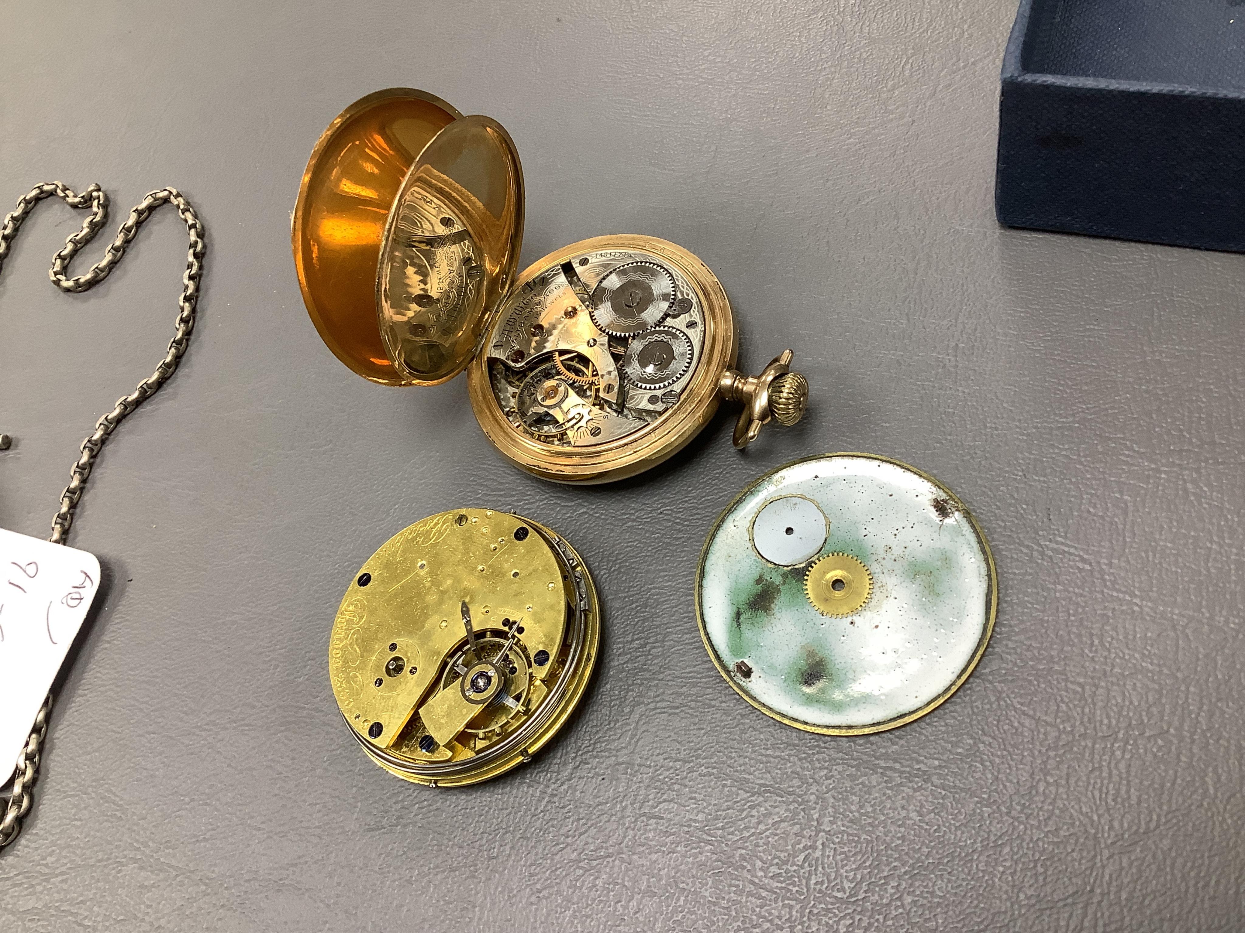 A late Victorian silver open faced keywind pocket watch, together with a Waltham gold plated pocket watch and six other items.